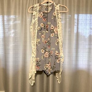 Blue with flowers Knot Works romper with sheer cover in size youth 14 1/2 plus.